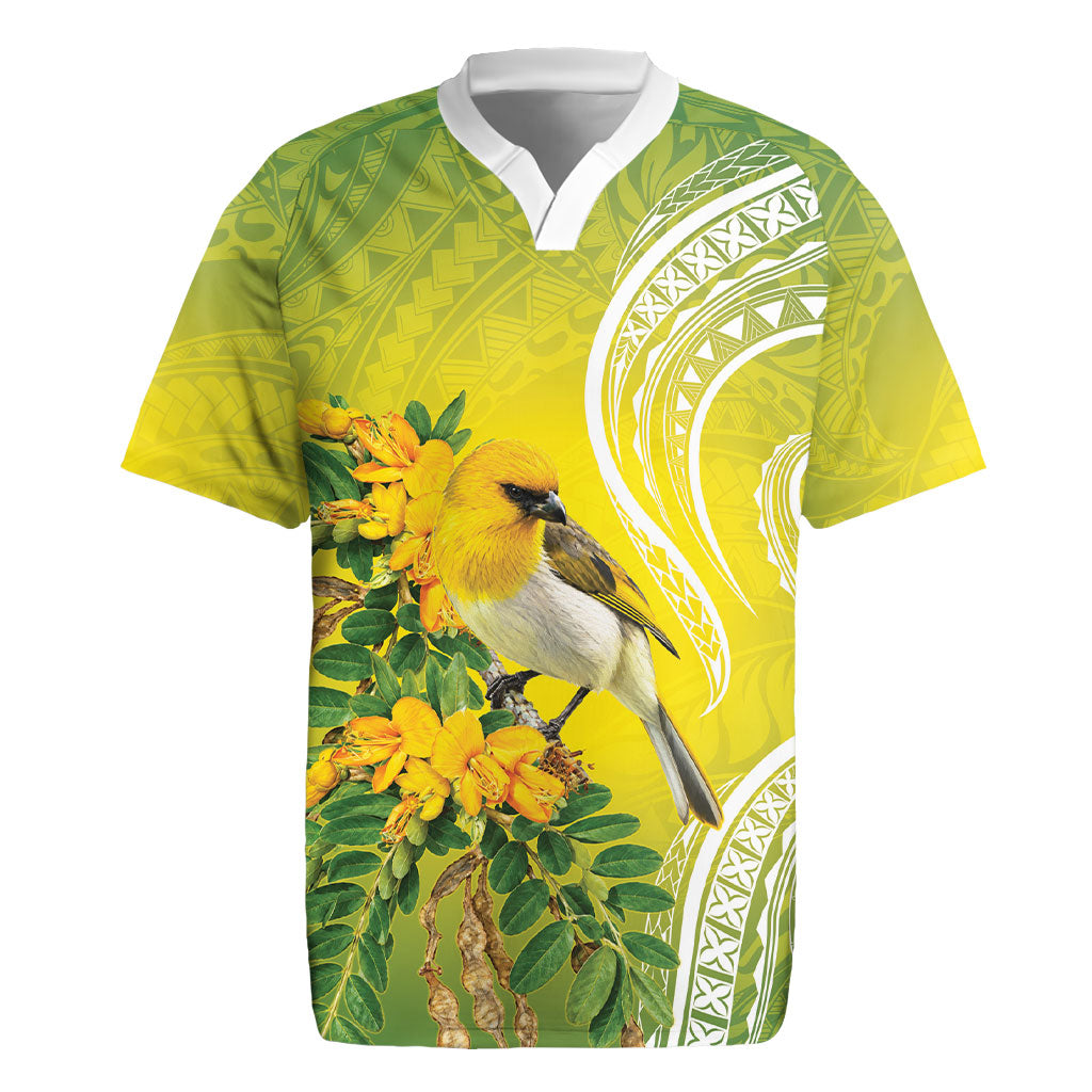 Hawaii Palila Mamane Rugby Jersey Hawaiian Honeycreeper With Native Flower LT14 Green - Polynesian Pride