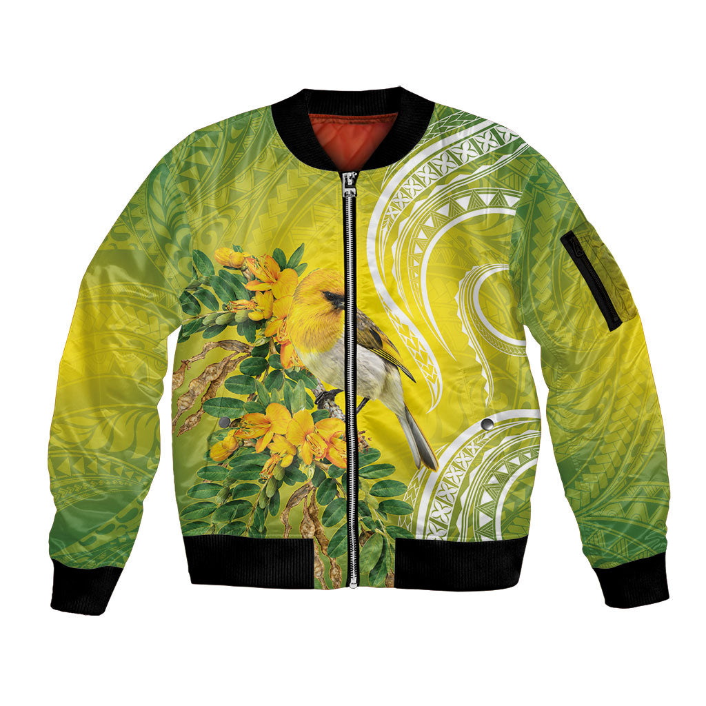 Hawaii Palila Mamane Sleeve Zip Bomber Jacket Hawaiian Honeycreeper With Native Flower LT14 Unisex Green - Polynesian Pride