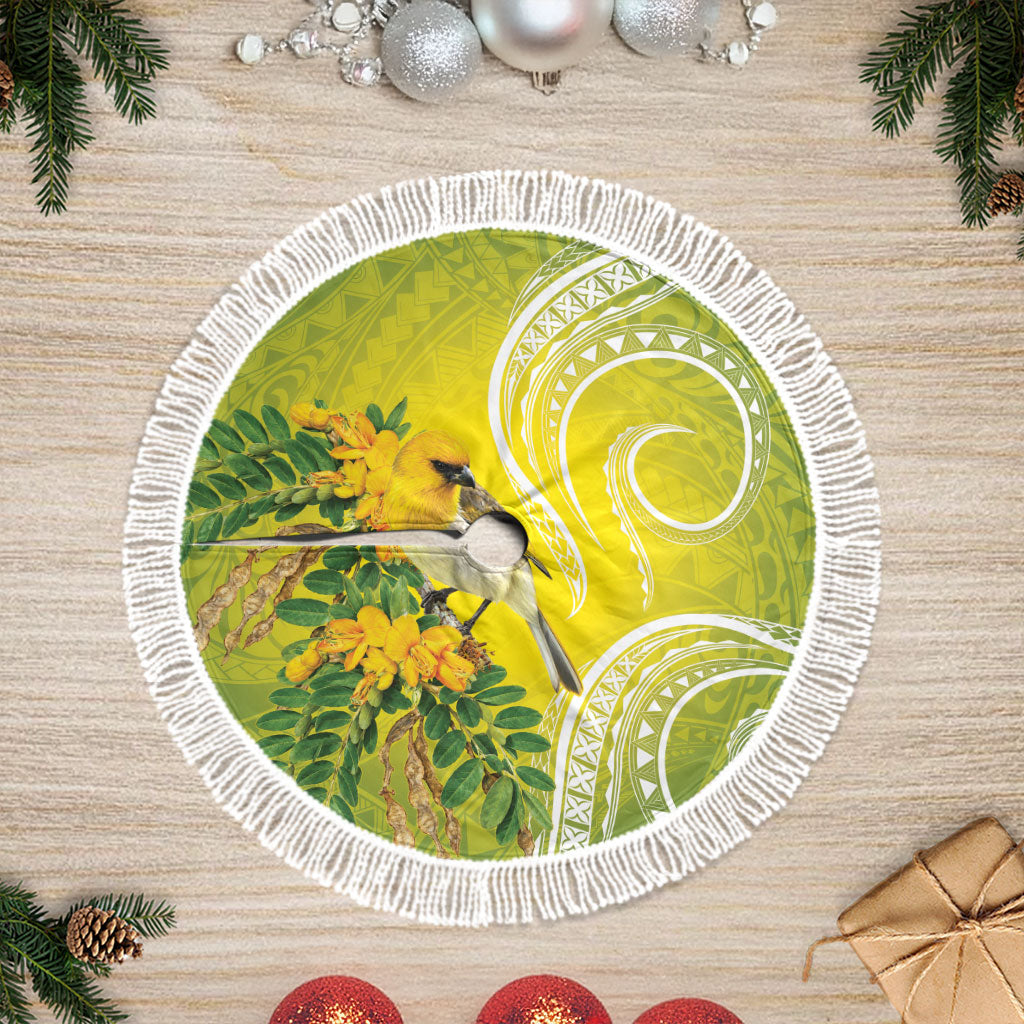 Hawaii Palila Mamane Tree Skirt Hawaiian Honeycreeper With Native Flower LT14 Fringed Green - Polynesian Pride