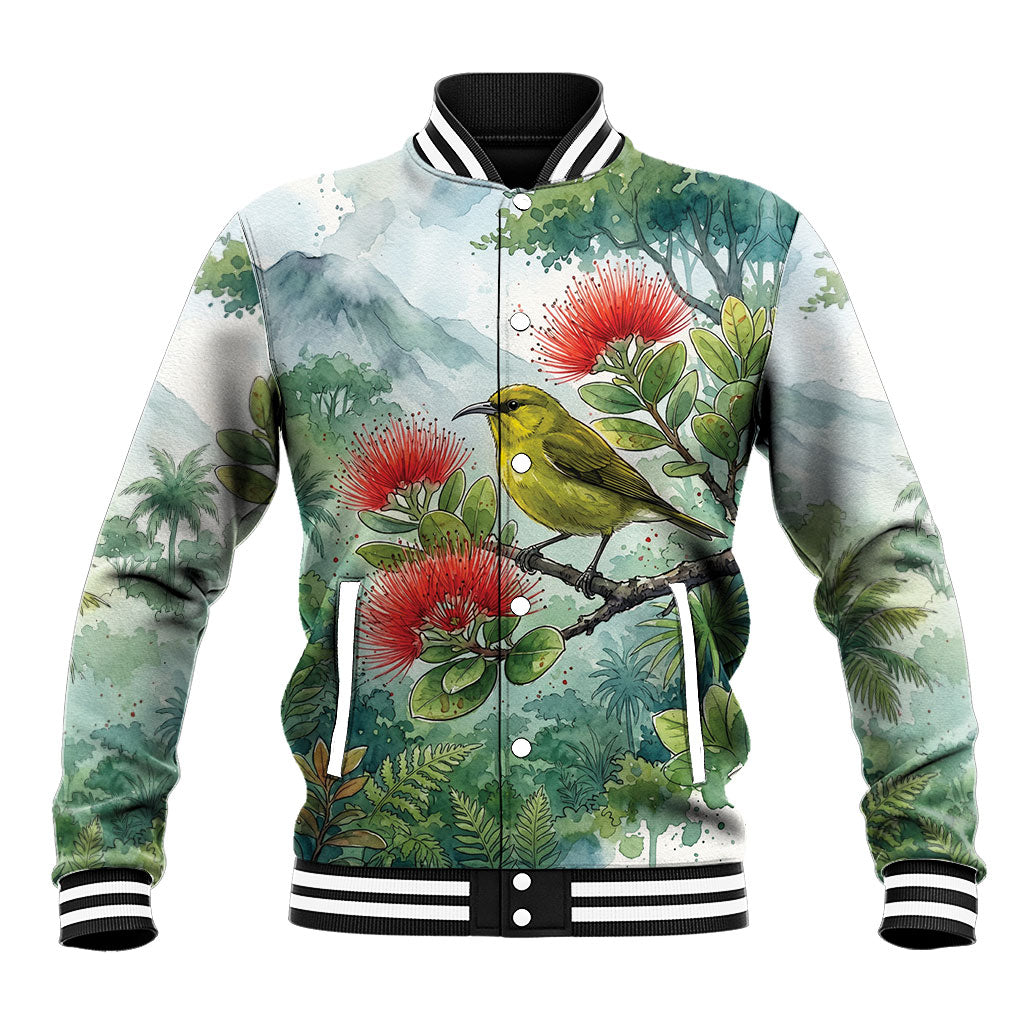Aloha Hawaii Amakihi Ohia Lehua Watercolor Baseball Jacket LT14 Unisex Watercolor - Polynesian Pride