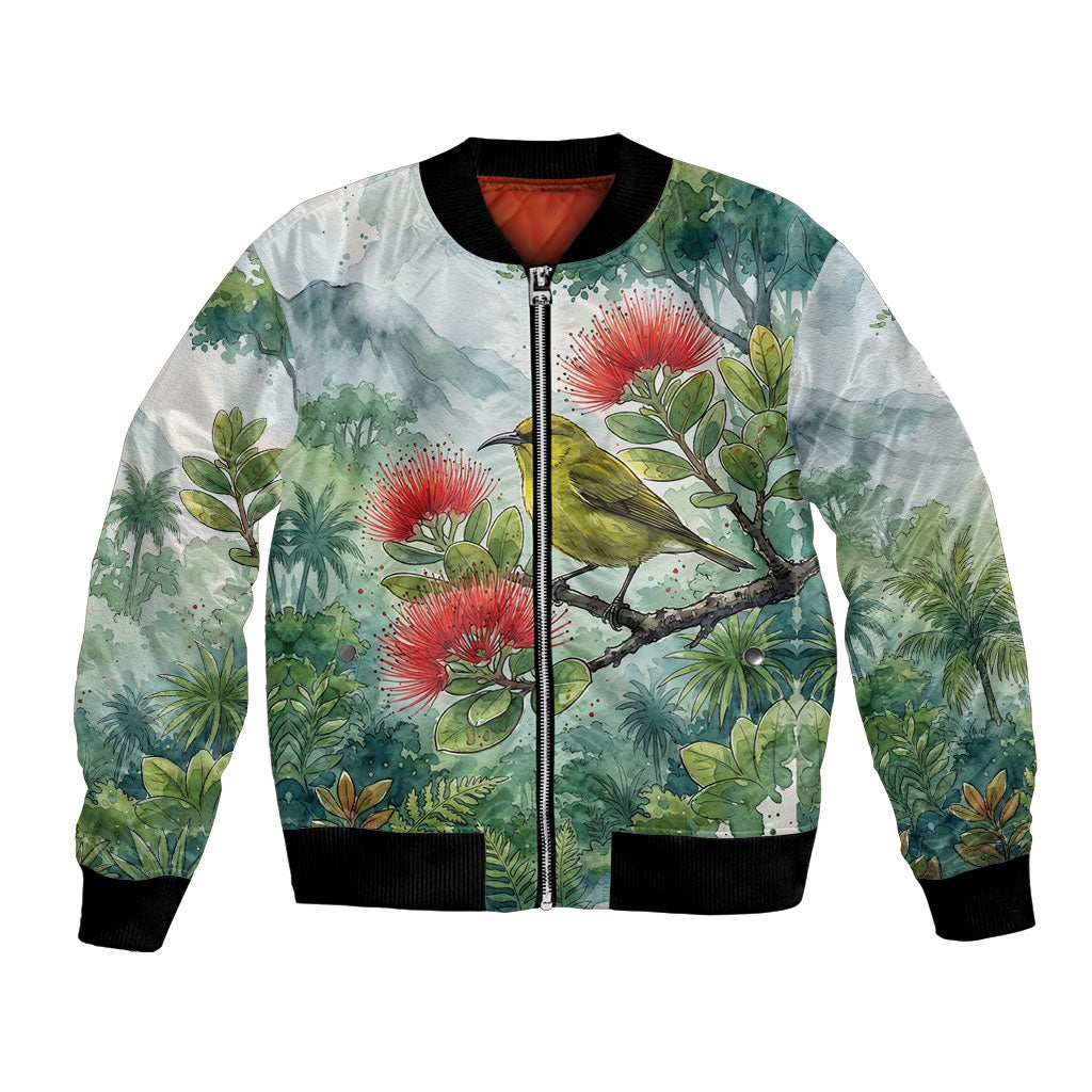 Aloha Hawaii Amakihi Ohia Lehua Watercolor Bomber Jacket LT14 Unisex Watercolor - Polynesian Pride