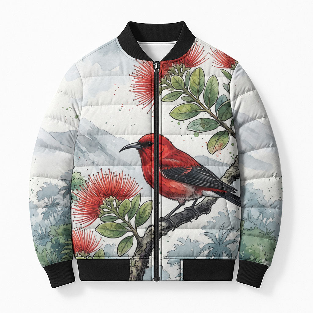 Aloha Hawaii Apapane Ohia Lehua Watercolor Bomber Puffer Jacket LT14 Unisex Watercolor - Polynesian Pride