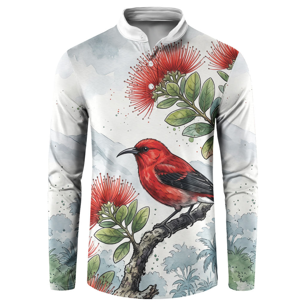 Aloha Hawaii Apapane Ohia Lehua Watercolor Button Sweatshirt LT14 Watercolor - Polynesian Pride