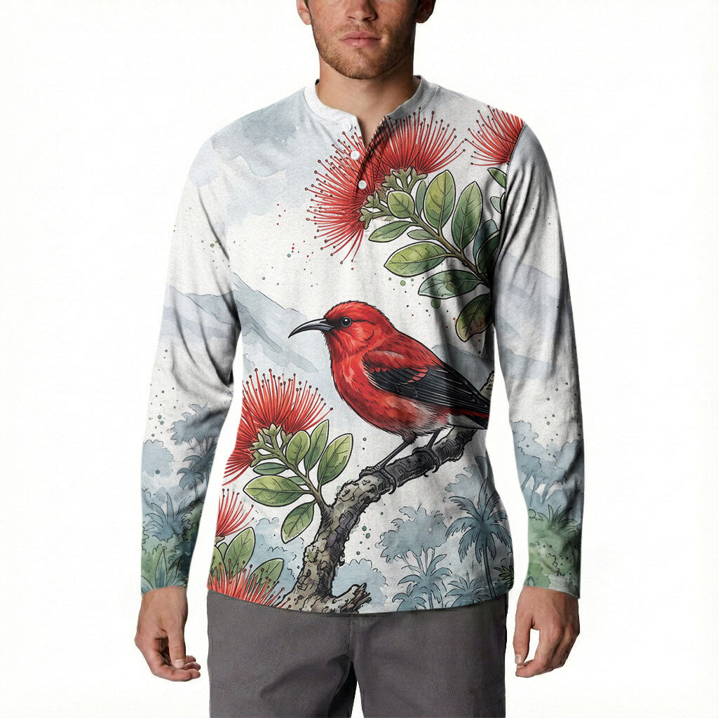 Aloha Hawaii Apapane Ohia Lehua Watercolor Button Sweatshirt LT14 - Polynesian Pride