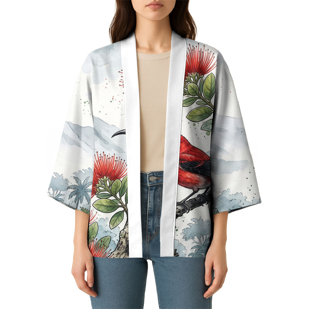 Aloha Hawaii Apapane Ohia Lehua Watercolor Kimono LT14 - Polynesian Pride
