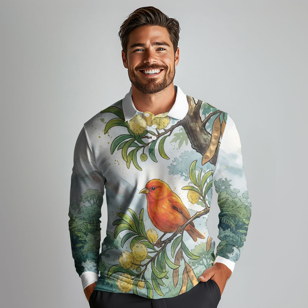 Aloha Hawaii Akepa Koa Tree Watercolor Long Sleeve Polo Shirt LT14 - Polynesian Pride