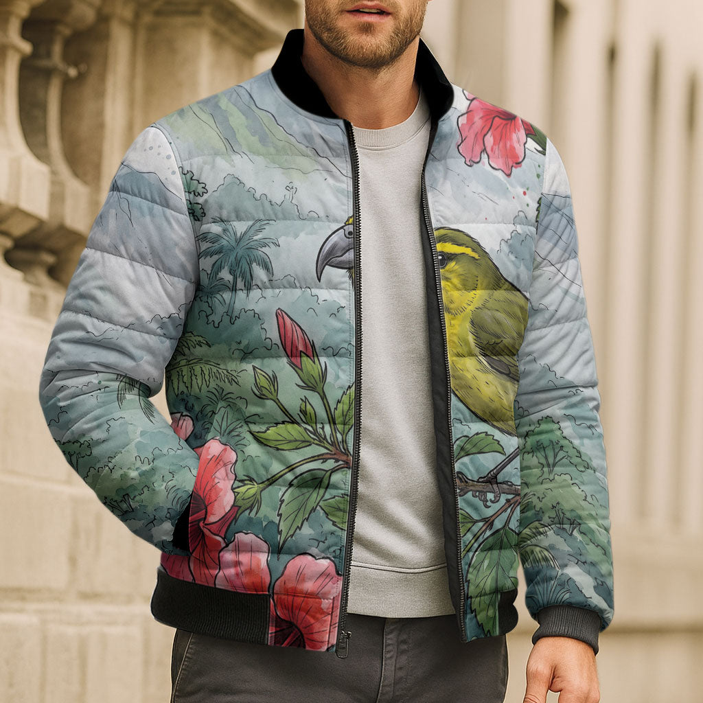 Aloha Hawaii Maui Parrotbill Hibiscus Watercolor Bomber Puffer Jacket LT14 - Polynesian Pride