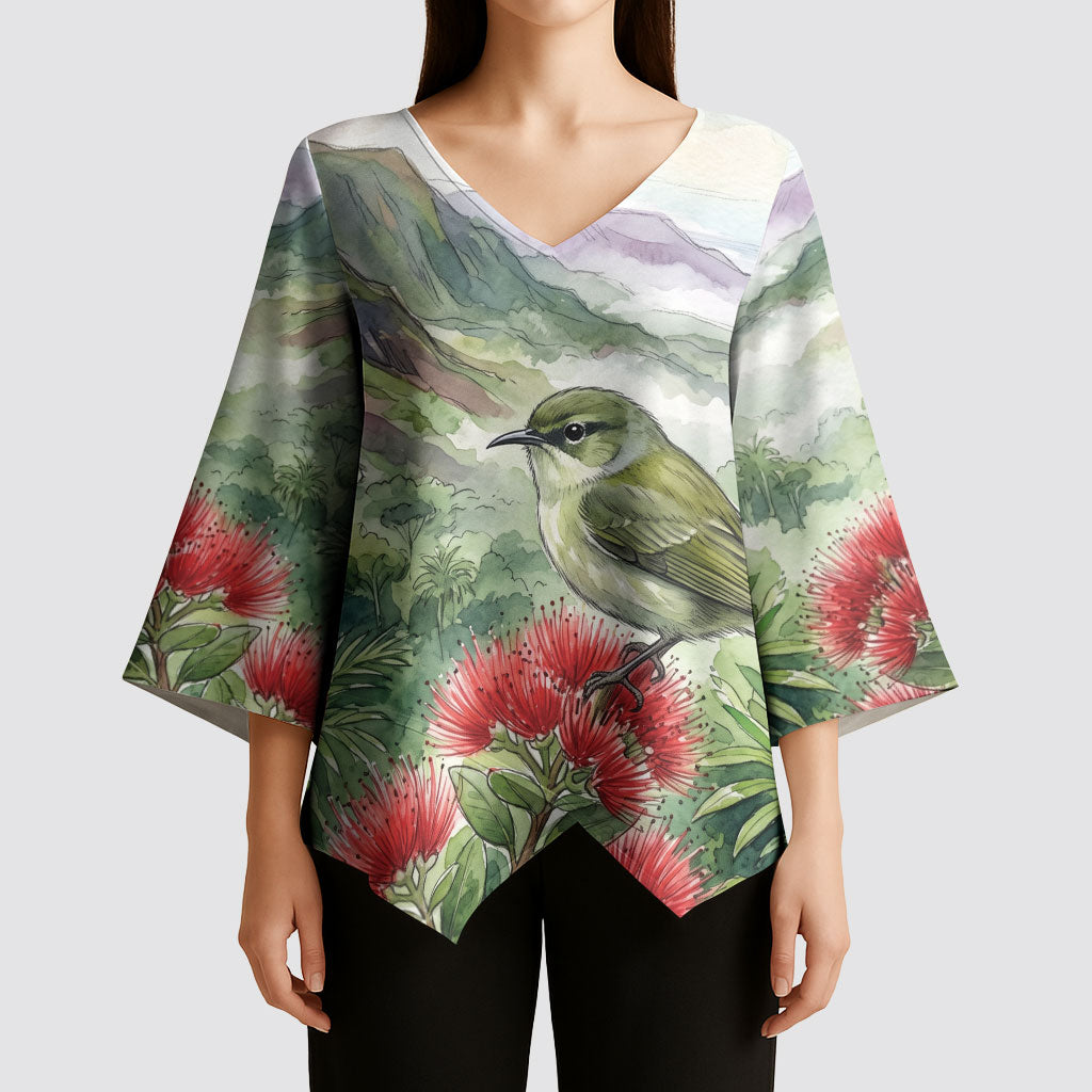 Aloha Hawaii Creeper Ohia Lehua Watercolor Kimono Sleeve Blouse LT14 - Polynesian Pride