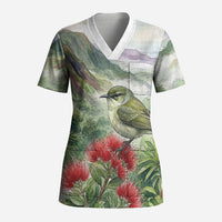 Aloha Hawaii Creeper Ohia Lehua Watercolor Scrub Top LT14 Adult Watercolor - Polynesian Pride