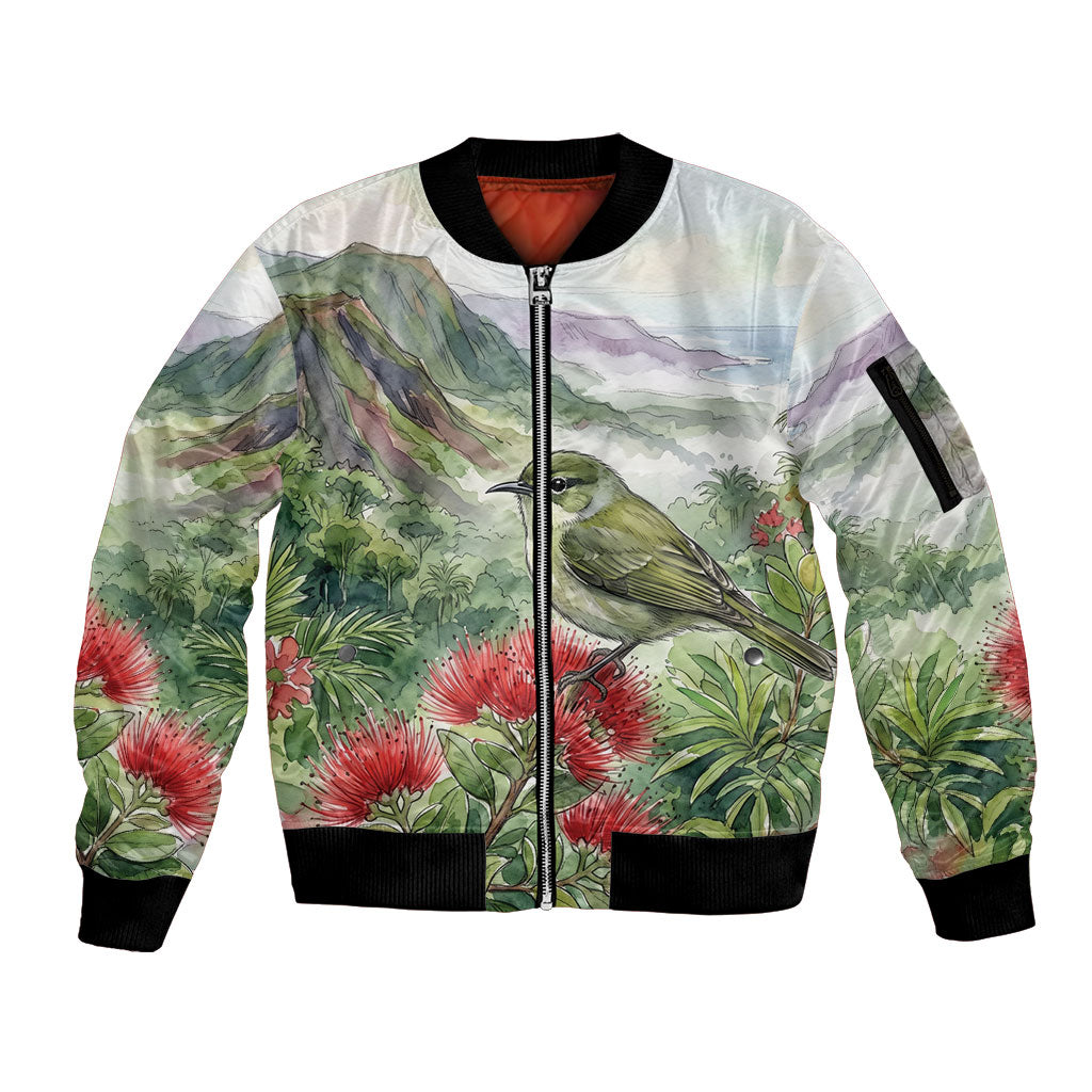 Aloha Hawaii Creeper Ohia Lehua Watercolor Sleeve Zip Bomber Jacket LT14 Unisex Watercolor - Polynesian Pride