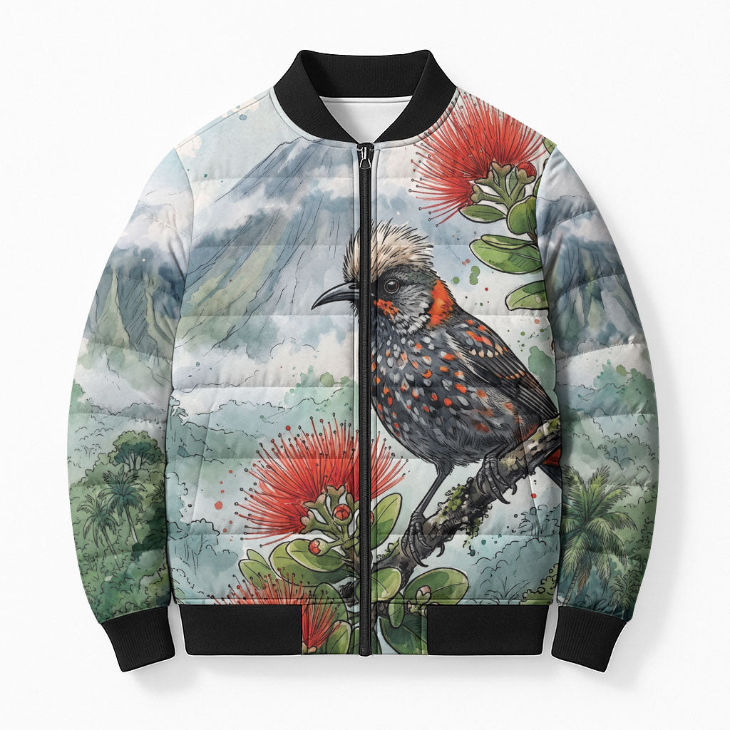 Aloha Hawaii Akohekohe Ohia Lehua Watercolor Bomber Puffer Jacket LT14 Unisex Watercolor - Polynesian Pride
