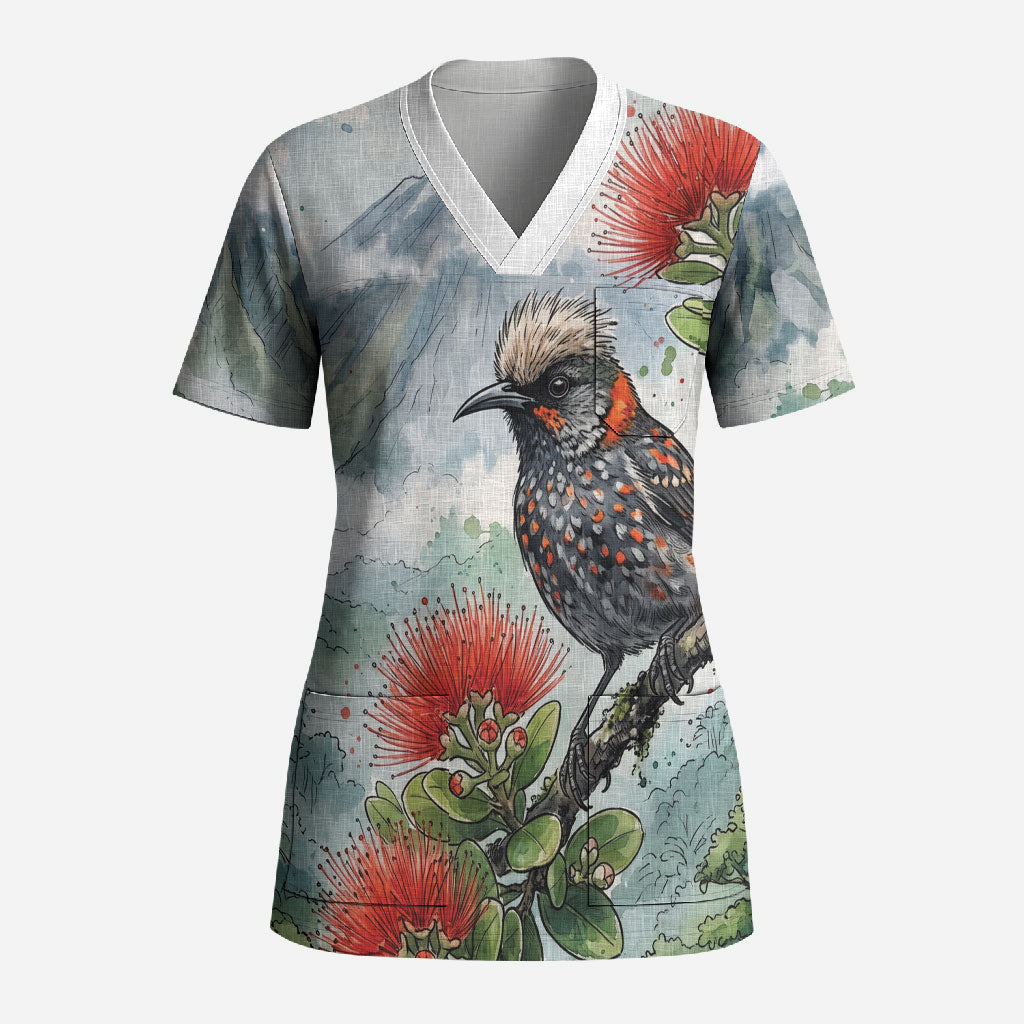 Aloha Hawaii Akohekohe Ohia Lehua Watercolor Scrub Top LT14 Adult Watercolor - Polynesian Pride