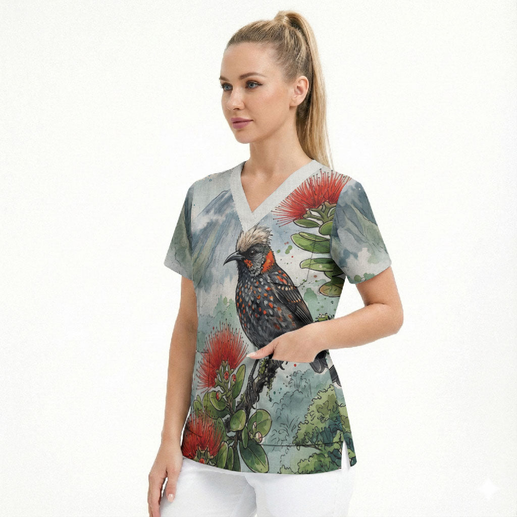 Aloha Hawaii Akohekohe Ohia Lehua Watercolor Scrub Top LT14 - Polynesian Pride