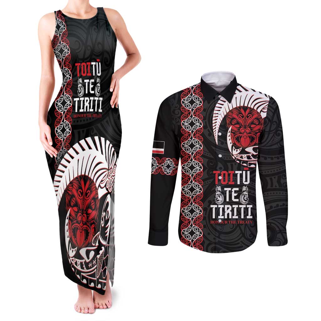 Aotearoa Toitu Te Tiriti Couples Matching Tank Maxi Dress and Long Sleeve Button Shirt Honour The Treaty Maori Haka