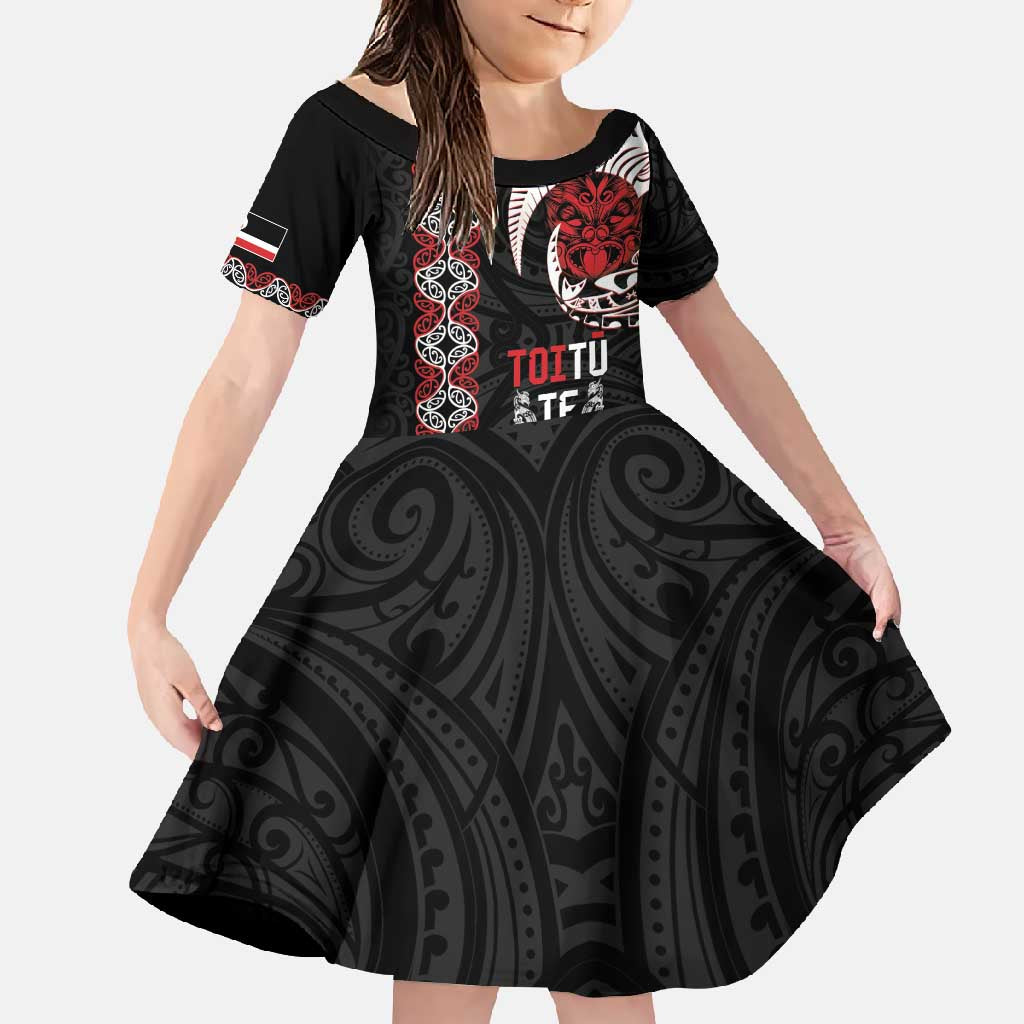 Aotearoa Toitu Te Tiriti Family Matching Long Sleeve Bodycon Dress and Hawaiian Shirt Honour The Treaty Maori Haka LT14 Daughter's Dress Black - Polynesian Pride