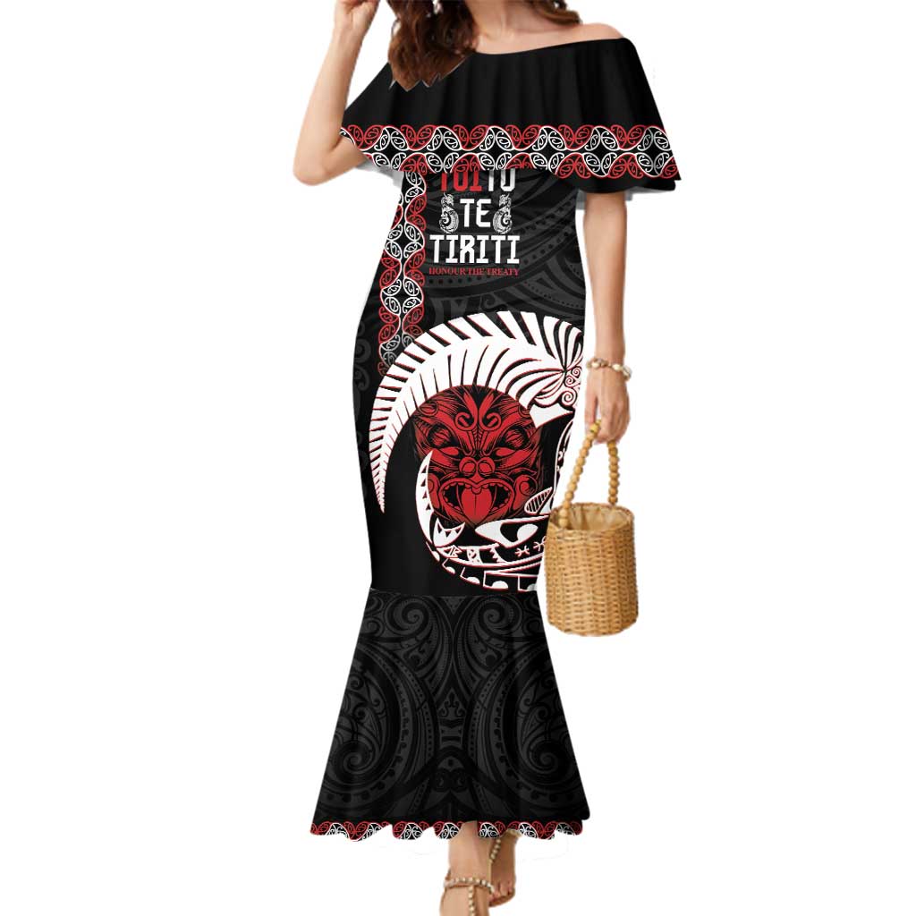 Aotearoa Toitu Te Tiriti Family Matching Mermaid Dress and Hawaiian Shirt Honour The Treaty Maori Haka LT14 Mom's Dress Black - Polynesian Pride