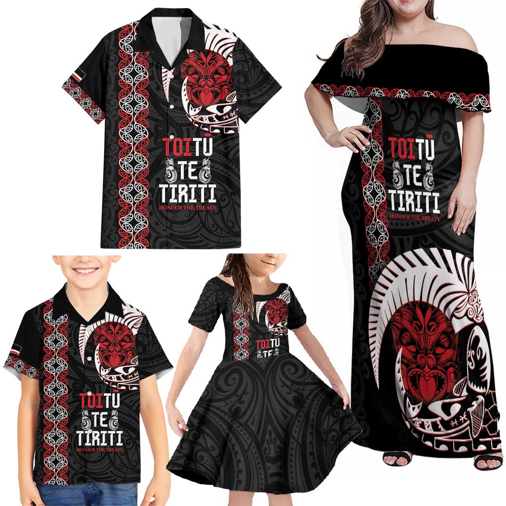 Aotearoa Toitu Te Tiriti Family Matching Off Shoulder Maxi Dress and Hawaiian Shirt Honour The Treaty Maori Haka LT14 - Polynesian Pride