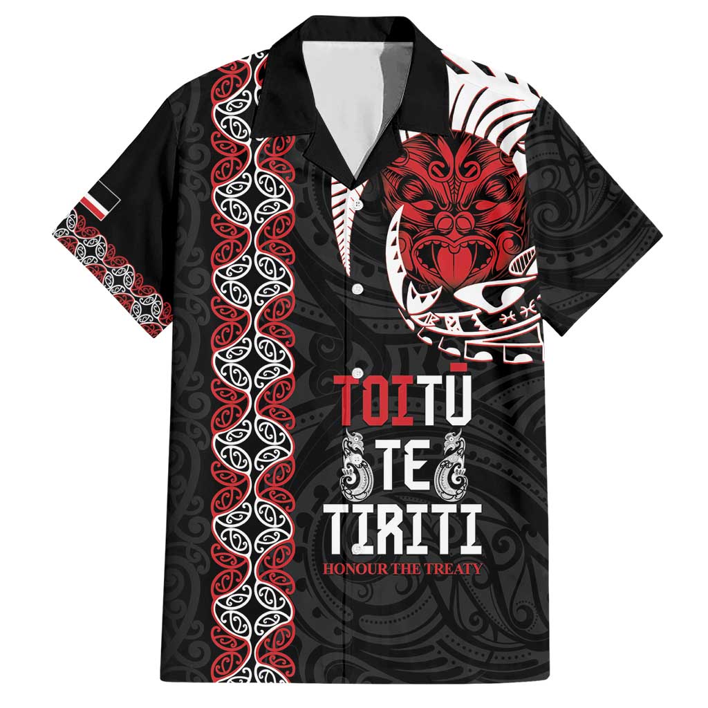 Aotearoa Toitu Te Tiriti Family Matching Short Sleeve Bodycon Dress and Hawaiian Shirt Honour The Treaty Maori Haka LT14 Dad's Shirt - Short Sleeve Black - Polynesian Pride