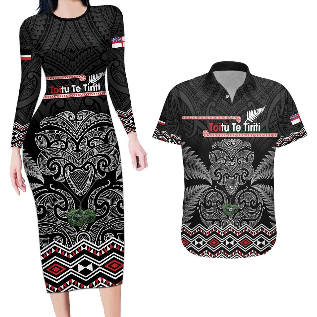 Aotearoa Toitu Te Tiriti Couples Matching Long Sleeve Bodycon Dress and Hawaiian Shirt Stand Together! Stand Stronger! - NZ Tiki LT14 Black - Polynesian Pride