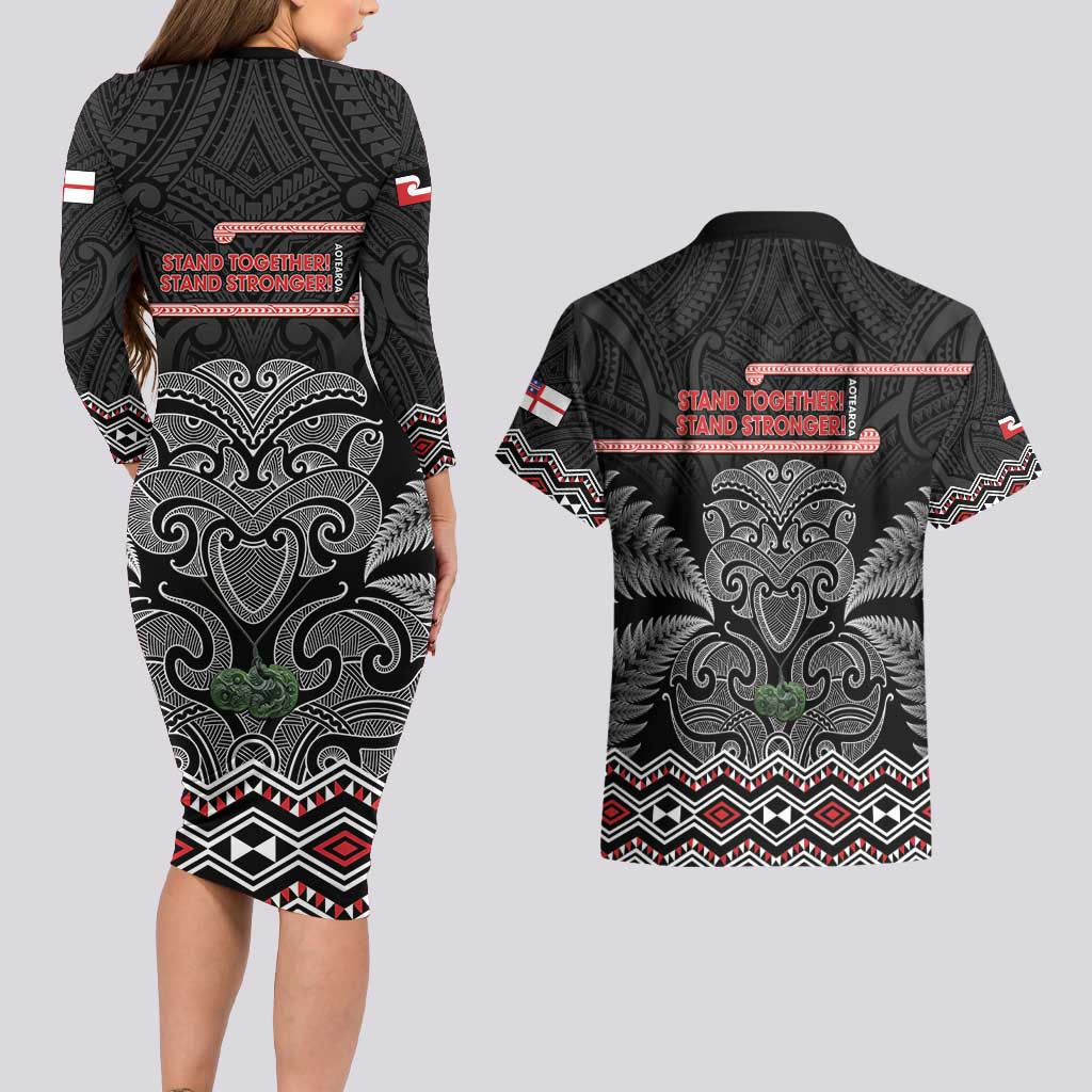 Aotearoa Toitu Te Tiriti Couples Matching Long Sleeve Bodycon Dress and Hawaiian Shirt Stand Together! Stand Stronger! - NZ Tiki LT14 - Polynesian Pride