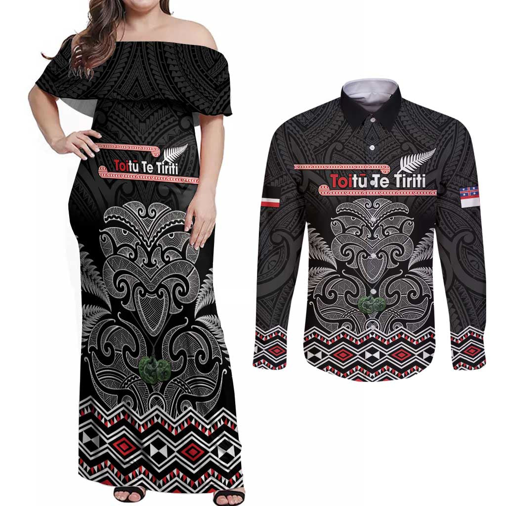 Aotearoa Toitu Te Tiriti Couples Matching Off Shoulder Maxi Dress and Long Sleeve Button Shirt Stand Together! Stand Stronger! - NZ Tiki