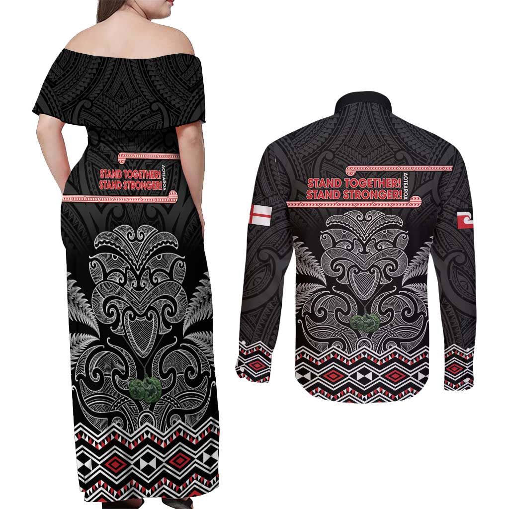 Aotearoa Toitu Te Tiriti Couples Matching Off Shoulder Maxi Dress and Long Sleeve Button Shirt Stand Together! Stand Stronger! - NZ Tiki