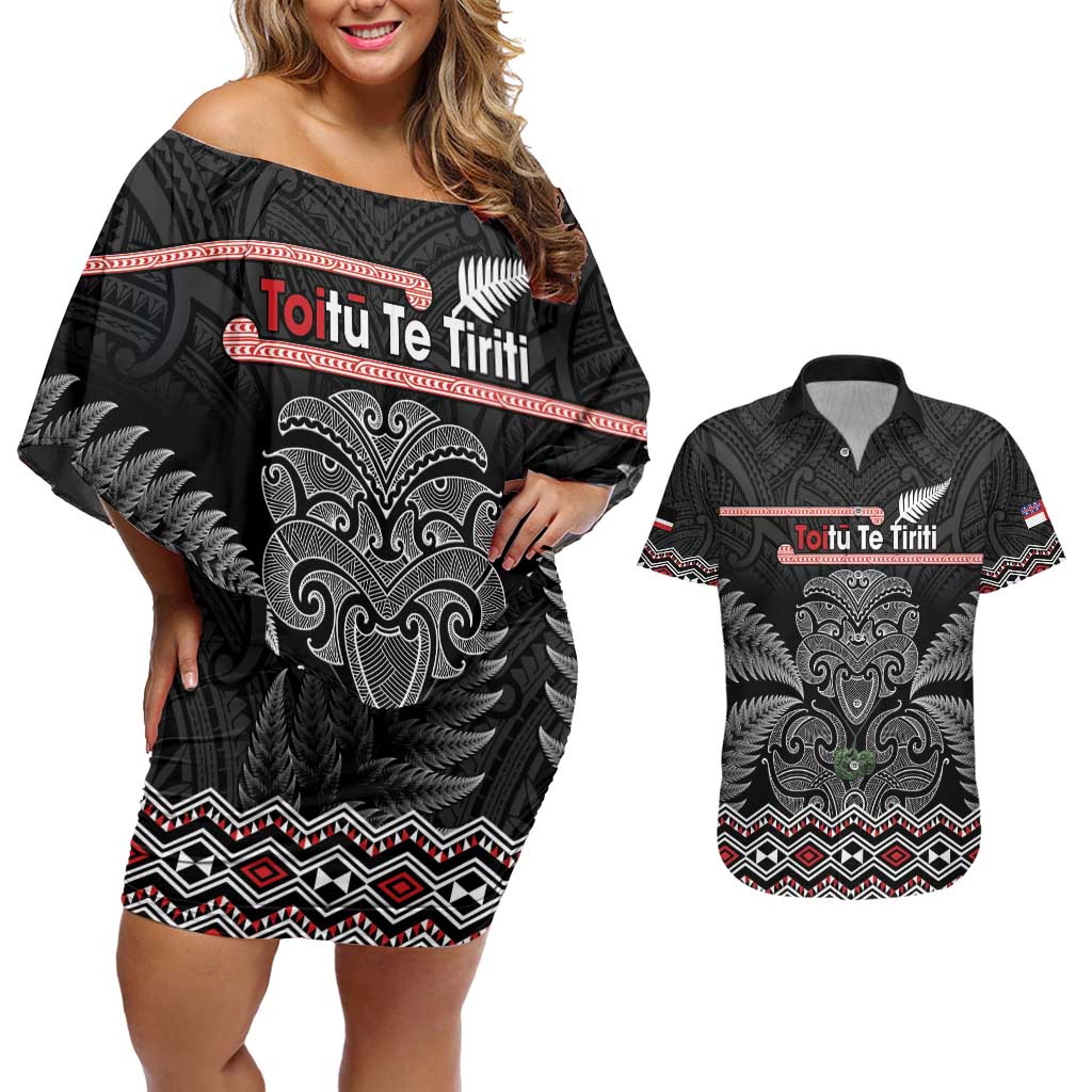 Aotearoa Toitu Te Tiriti Couples Matching Off Shoulder Short Dress and Hawaiian Shirt Stand Together! Stand Stronger! - NZ Tiki