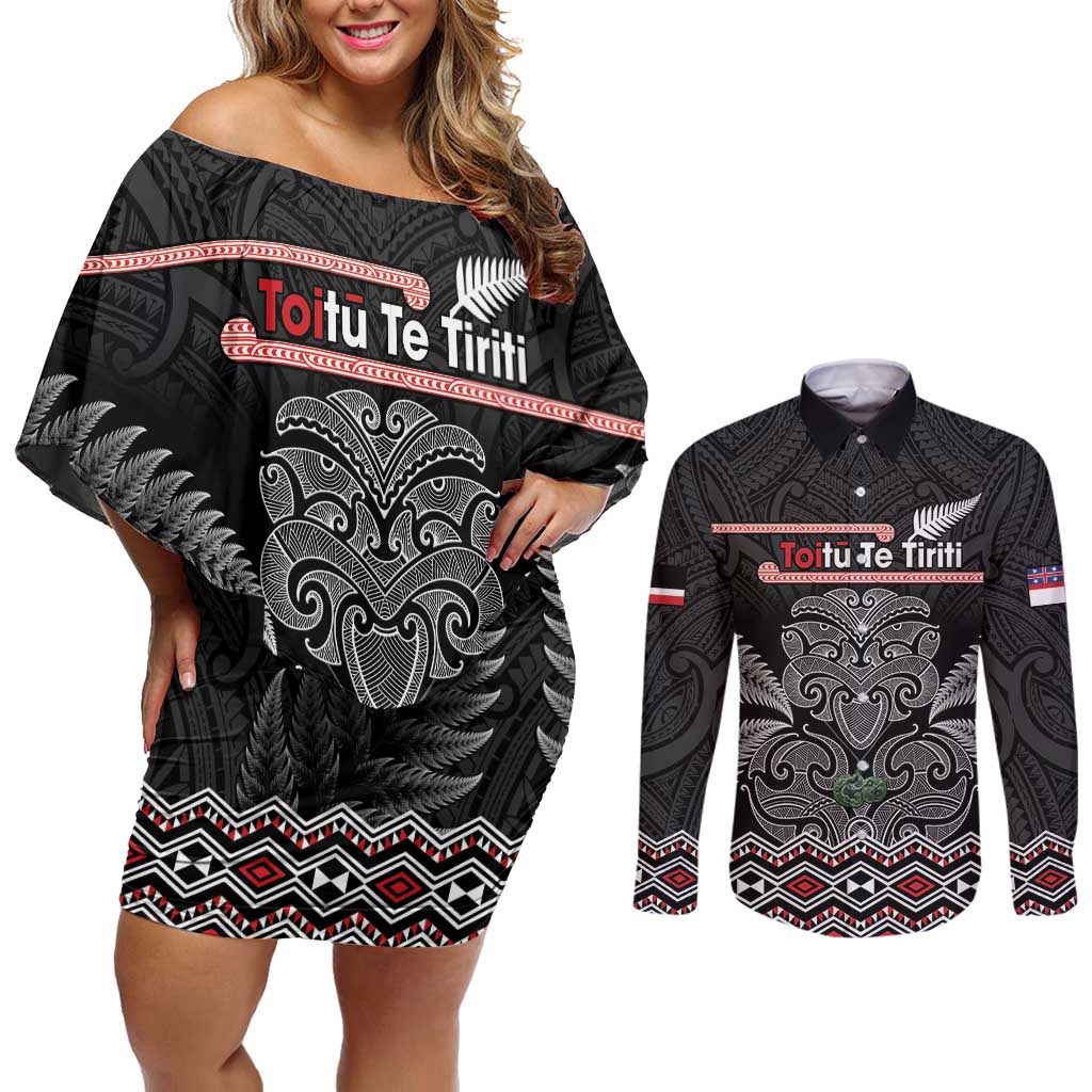 Aotearoa Toitu Te Tiriti Couples Matching Off Shoulder Short Dress and Long Sleeve Button Shirt Stand Together! Stand Stronger! - NZ Tiki