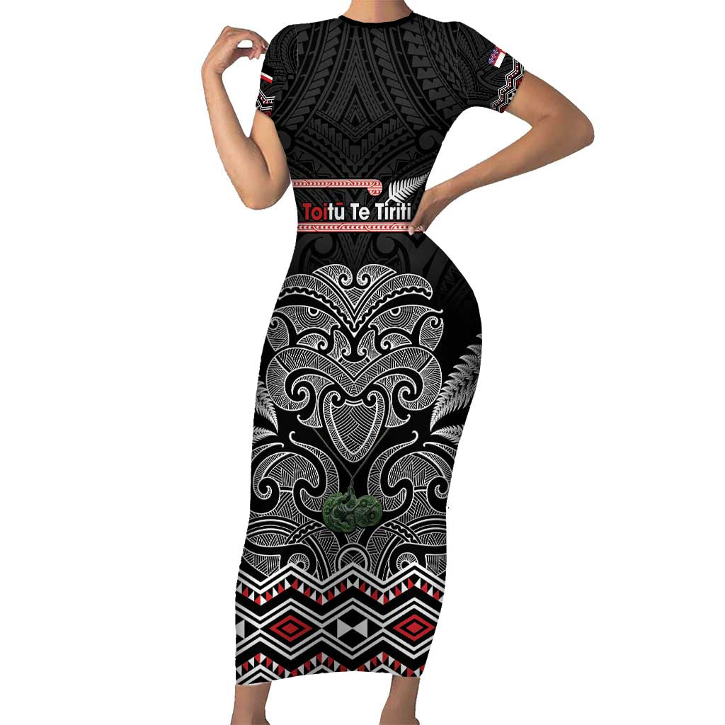 Aotearoa Toitu Te Tiriti Family Matching Short Sleeve Bodycon Dress and Hawaiian Shirt Stand Together! Stand Stronger! - NZ Tiki LT14 Mom's Dress Black - Polynesian Pride