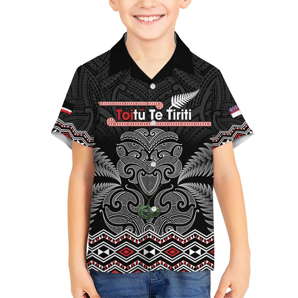 Aotearoa Toitu Te Tiriti Family Matching Short Sleeve Bodycon Dress and Hawaiian Shirt Stand Together! Stand Stronger! - NZ Tiki LT14 Son's Shirt Black - Polynesian Pride
