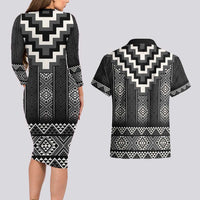Black Taniko Aotearoa Couples Matching Long Sleeve Bodycon Dress and Hawaiian Shirt Niho Taniwha Mix Poutama LT14 - Polynesian Pride