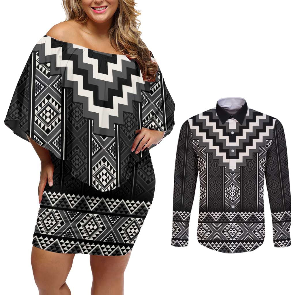 Black Taniko Aotearoa Couples Matching Off Shoulder Short Dress and Long Sleeve Button Shirt Niho Taniwha Mix Poutama LT14