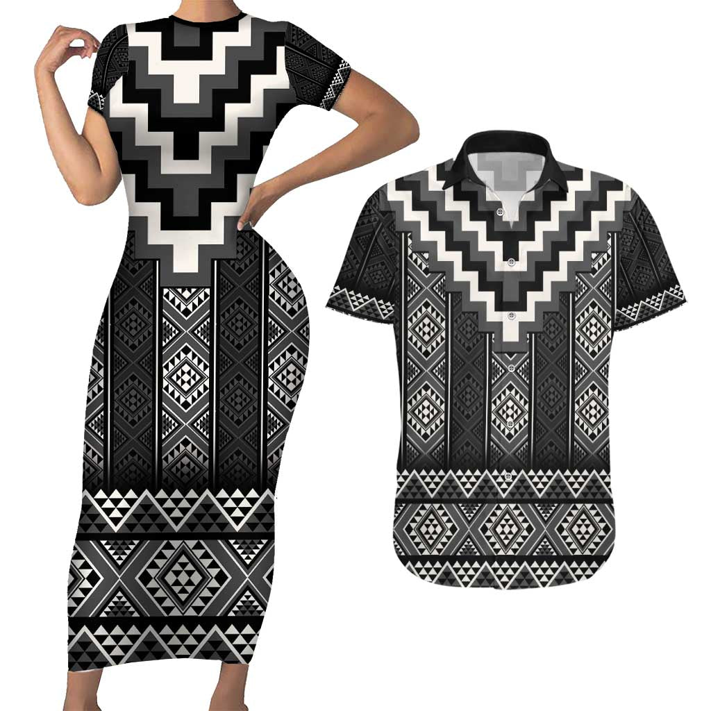 Black Taniko Aotearoa Couples Matching Short Sleeve Bodycon Dress and Hawaiian Shirt Niho Taniwha Mix Poutama LT14