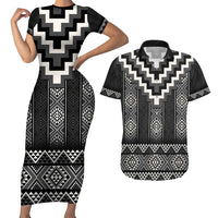 Black Taniko Aotearoa Couples Matching Short Sleeve Bodycon Dress and Hawaiian Shirt Niho Taniwha Mix Poutama LT14