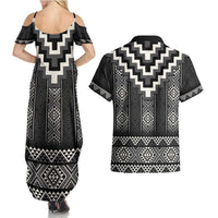 Black Taniko Aotearoa Couples Matching Summer Maxi Dress and Hawaiian Shirt Niho Taniwha Mix Poutama LT14
