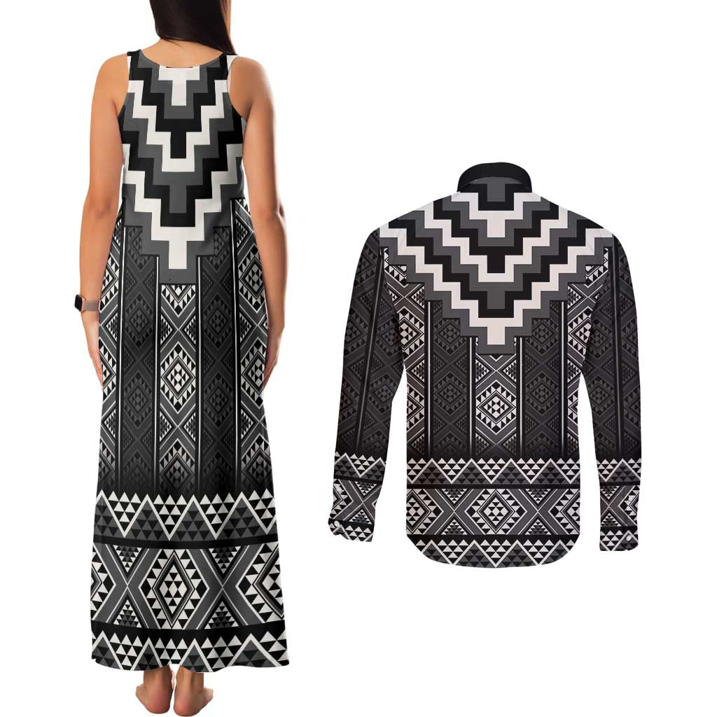 Black Taniko Aotearoa Couples Matching Tank Maxi Dress and Long Sleeve Button Shirt Niho Taniwha Mix Poutama LT14