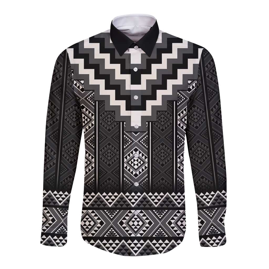 Black Taniko Aotearoa Long Sleeve Button Shirt Niho Taniwha Mix Poutama LT14 Unisex Black - Polynesian Pride