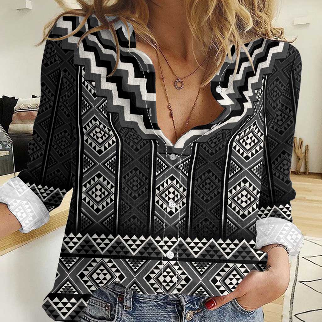 Black Taniko Aotearoa Women Casual Shirt Niho Taniwha Mix Poutama LT14 Female Black - Polynesian Pride