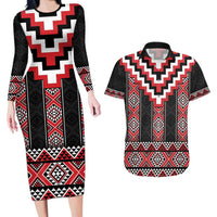 Red Taniko Aotearoa Couples Matching Long Sleeve Bodycon Dress and Hawaiian Shirt Niho Taniwha Mix Poutama LT14 Red - Polynesian Pride