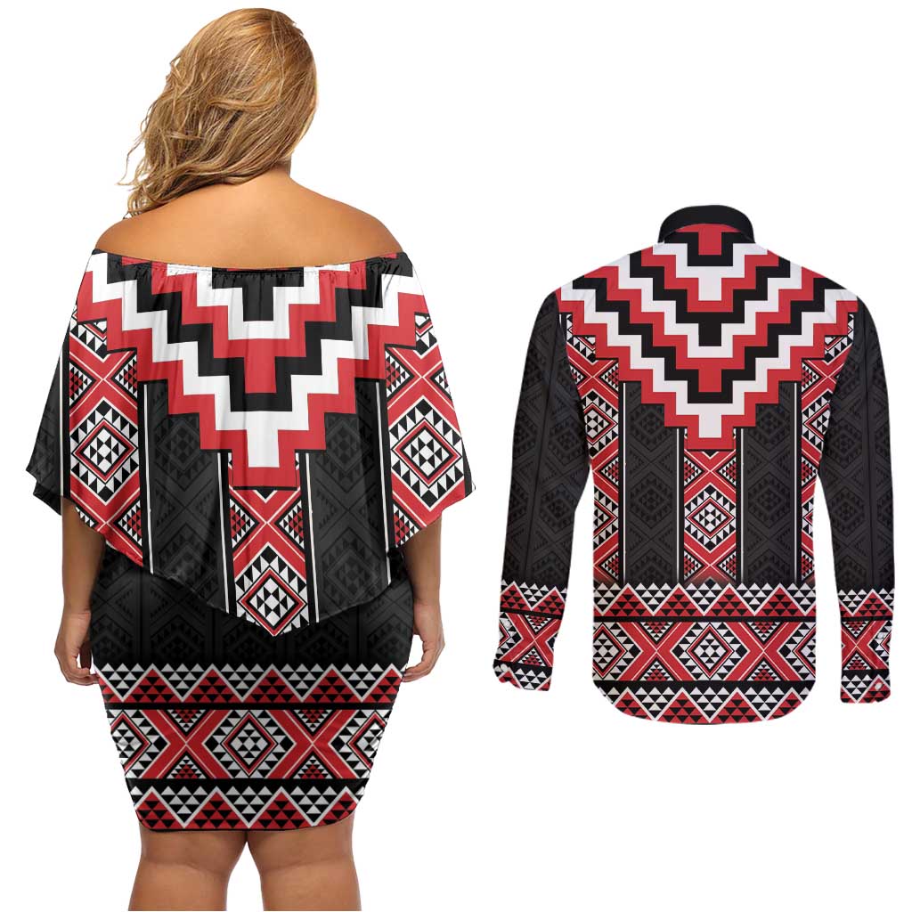 Red Taniko Aotearoa Couples Matching Off Shoulder Short Dress and Long Sleeve Button Shirt Niho Taniwha Mix Poutama LT14
