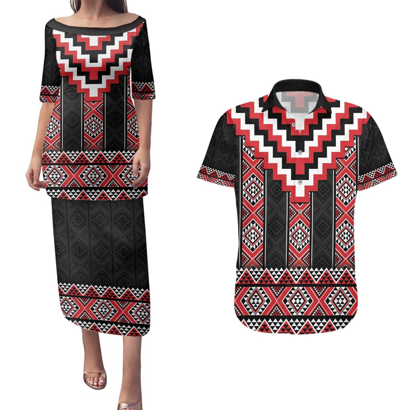 Red Taniko Aotearoa Couples Matching Puletasi and Hawaiian Shirt Niho Taniwha Mix Poutama LT14