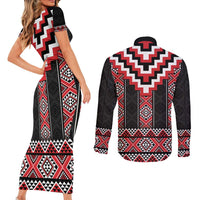 Red Taniko Aotearoa Couples Matching Short Sleeve Bodycon Dress and Long Sleeve Button Shirt Niho Taniwha Mix Poutama LT14