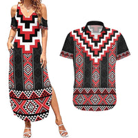 Red Taniko Aotearoa Couples Matching Summer Maxi Dress and Hawaiian Shirt Niho Taniwha Mix Poutama LT14