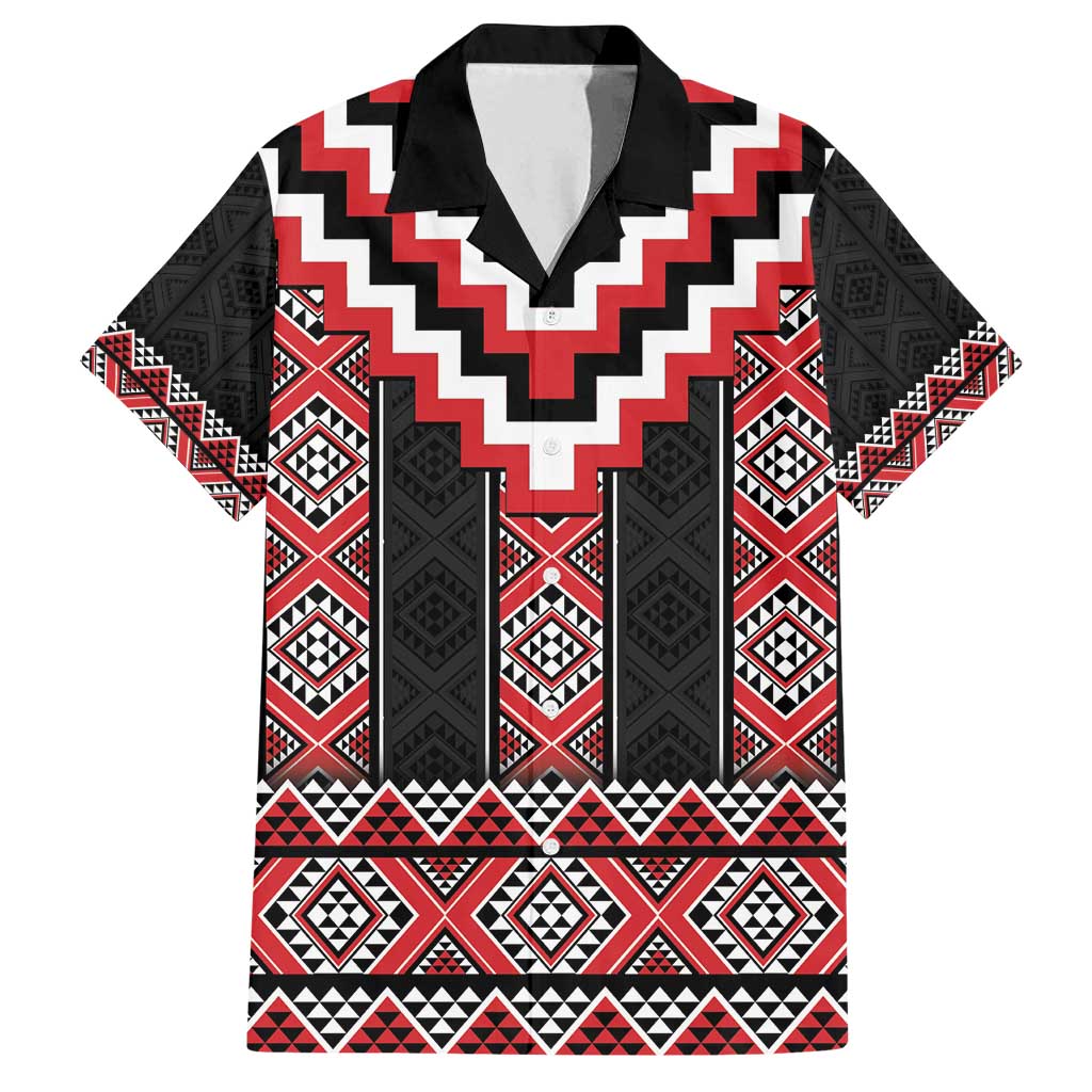 Red Taniko Aotearoa Family Matching Long Sleeve Bodycon Dress and Hawaiian Shirt Niho Taniwha Mix Poutama LT14 Dad's Shirt - Short Sleeve Red - Polynesian Pride