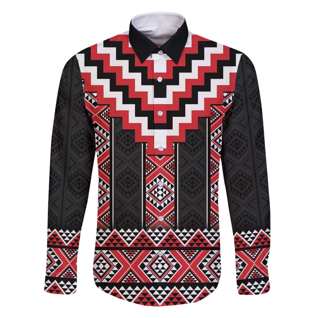 Red Taniko Aotearoa Family Matching Long Sleeve Bodycon Dress and Hawaiian Shirt Niho Taniwha Mix Poutama LT14 Dad's Shirt - Long Sleeve Red - Polynesian Pride