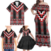 Red Taniko Aotearoa Family Matching Off Shoulder Maxi Dress and Hawaiian Shirt Niho Taniwha Mix Poutama LT14 - Polynesian Pride