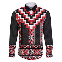 Red Taniko Aotearoa Family Matching Off Shoulder Maxi Dress and Hawaiian Shirt Niho Taniwha Mix Poutama LT14 Dad's Shirt - Long Sleeve Red - Polynesian Pride