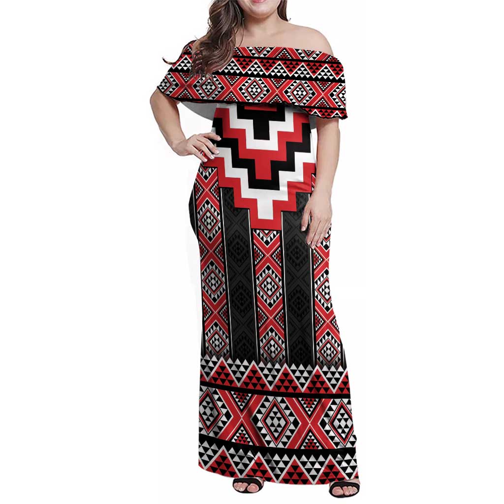 Red Taniko Aotearoa Family Matching Off Shoulder Maxi Dress and Hawaiian Shirt Niho Taniwha Mix Poutama LT14 Mom's Dress Red - Polynesian Pride