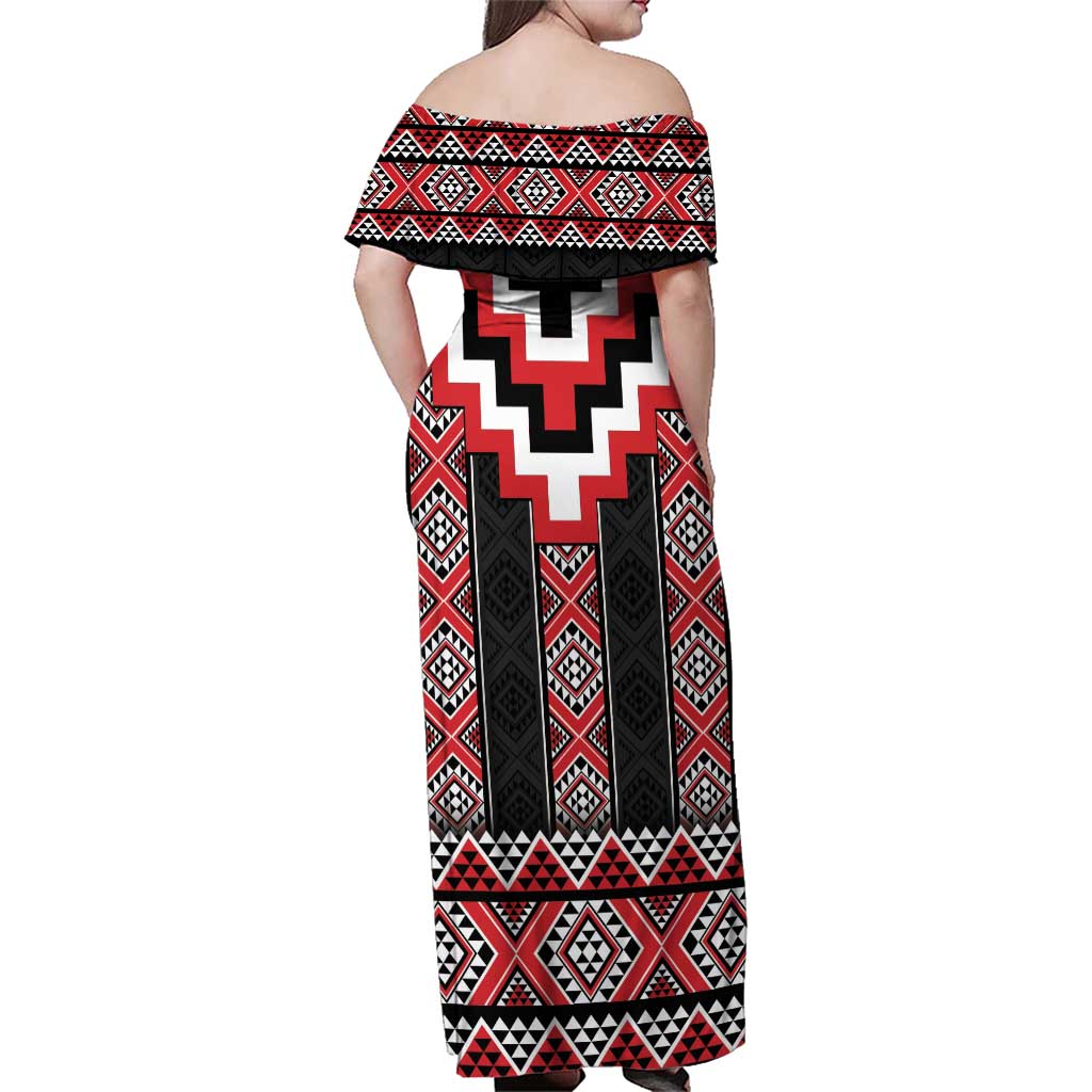 Red Taniko Aotearoa Family Matching Off Shoulder Maxi Dress and Hawaiian Shirt Niho Taniwha Mix Poutama LT14 - Polynesian Pride