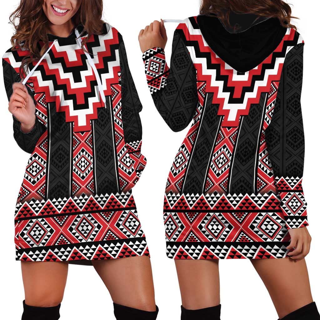 Red Taniko Aotearoa Hoodie Dress Niho Taniwha Mix Poutama LT14